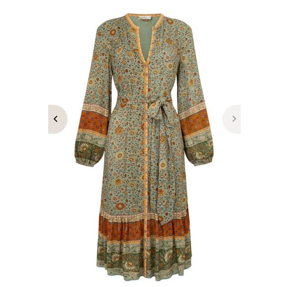 SPELL & THE GYPSY COLLECTIVE - LADY UNTAMED BUTTON DOWN MIDI DRESS -MATCHA - Med - Picture 1 of 10